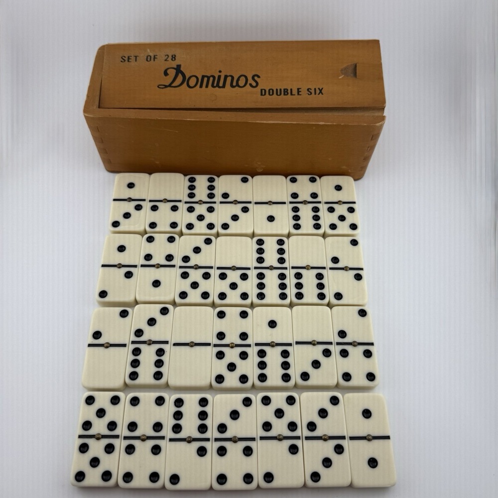 Vintage Double 6 Dominoes Set 28 Pieces With Brass Spinners & Wooden Case
